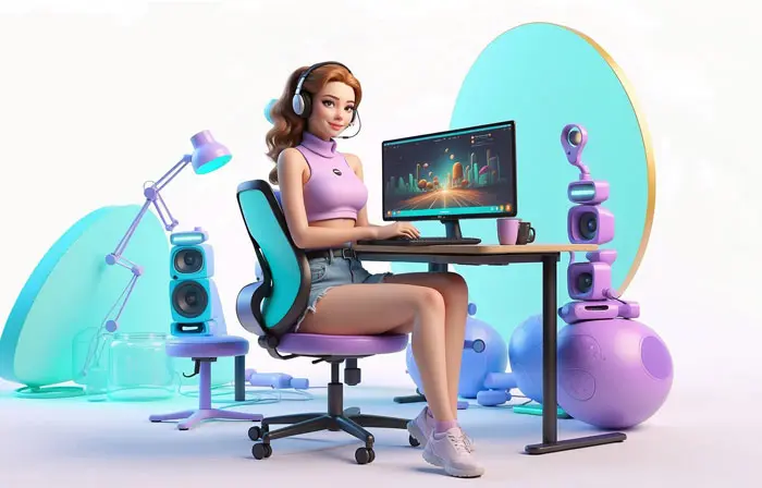 Computer Gaming Scene Girl Playing on a Desk 3d Cartoon Character Illustration